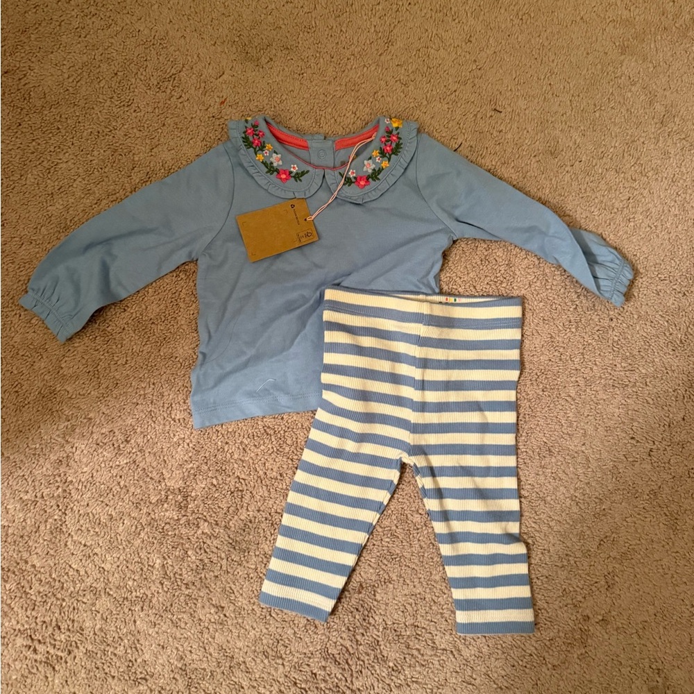 Boden Floral Collar Blue Top and Striped Leggings Set